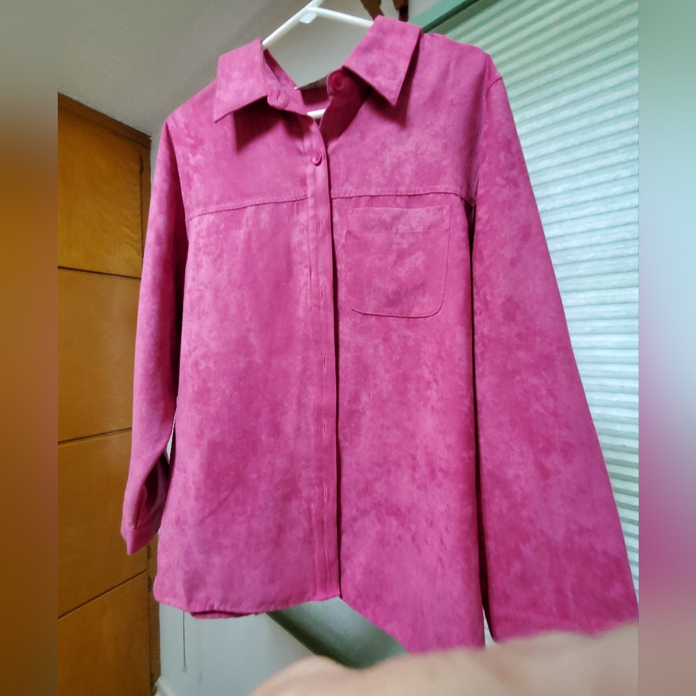 Women's faux suede button down shirt with chest pocket in bright pink, size 1X